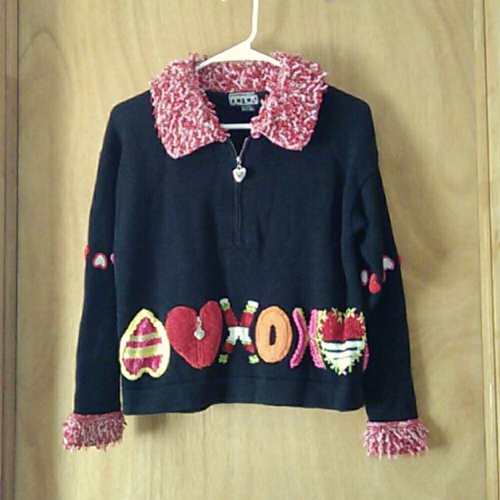 Unique Heart Sweater with Fuzzy Trim, handcrafted